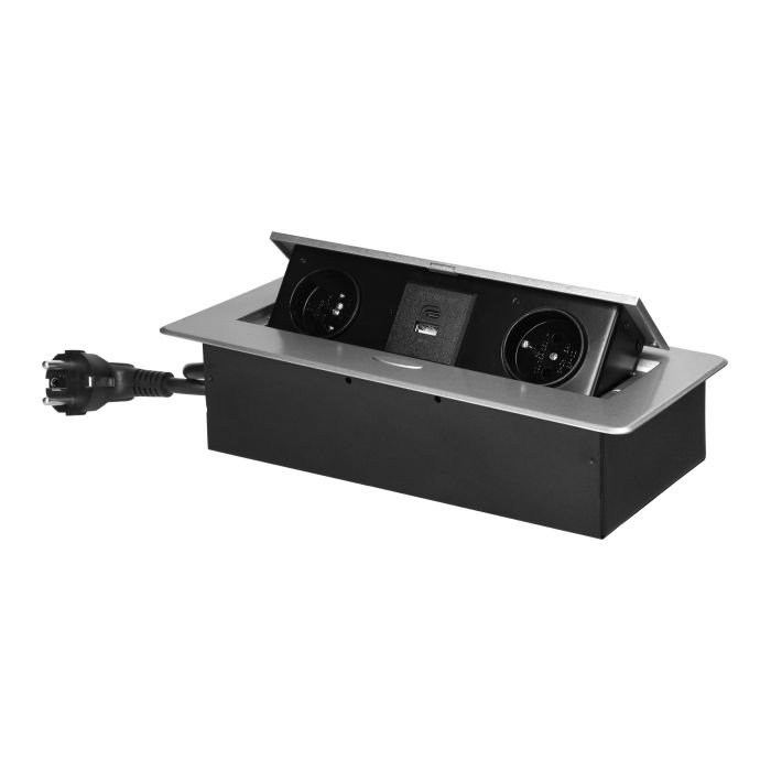 E-shop Výklopný blok zapustený ORNO OR-GM-9035/G, 2x 230V, 2x USB (A+C type; 3.6A), farba strieborná OR-GM-9035/G