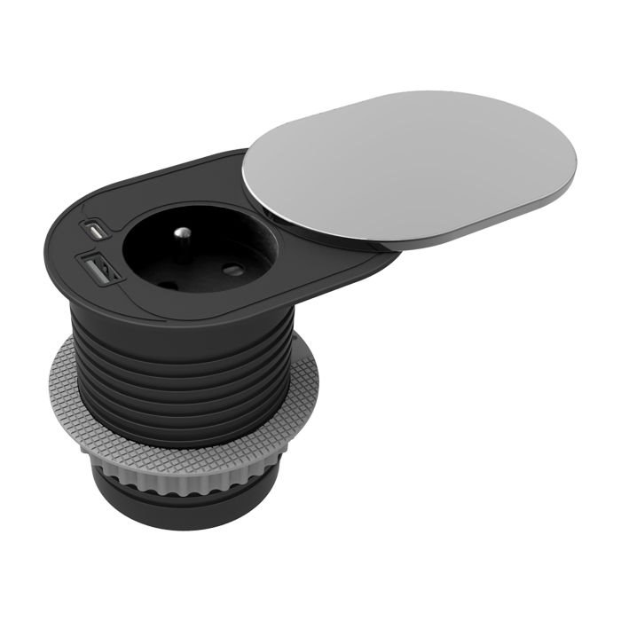 E-shop Zapustená zásuvka s posuvným vekom ORNO OR-GM-9042/G, 1x230V a 2xUSB (typ A+C; PD20W), 1,9m, strieborná OR-GM-9042/G