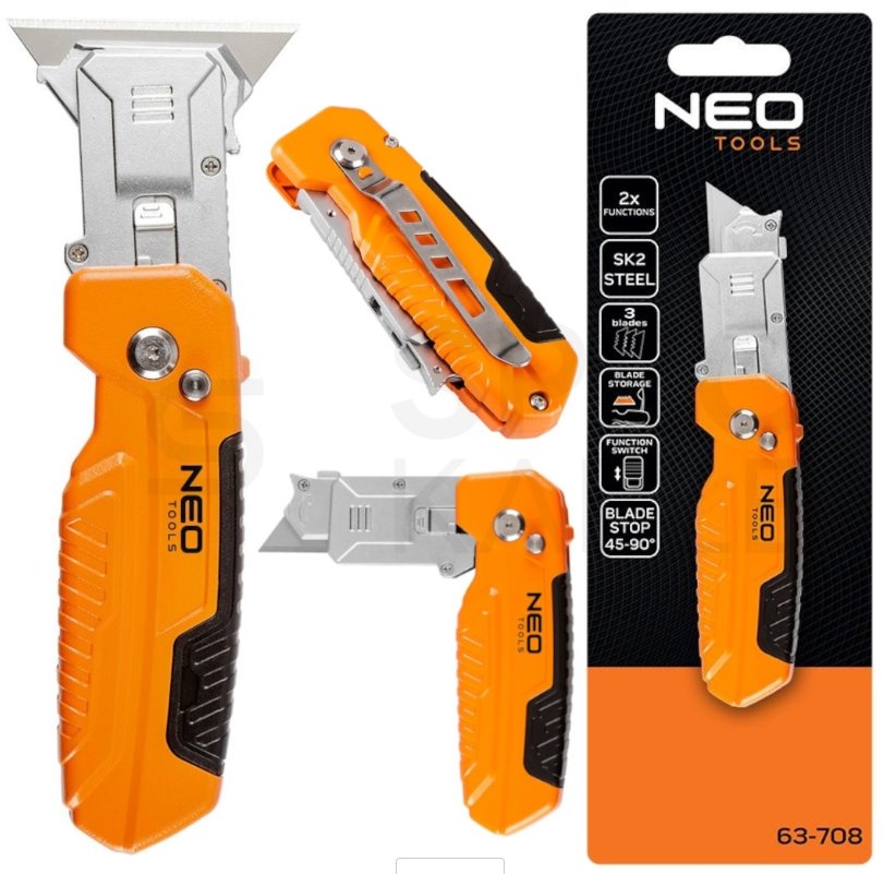 E-shop Zatvárací nôž Neo Tools 63-708 s vymeniteľnou trapézovou čepeľou a škrabkou 63-708