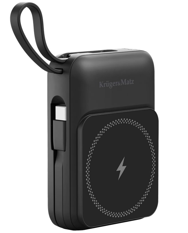 E-shop Indukčná nabíjačka powerbanka 10000mAh KRUGER & MATZ KM0913-B, s podporou MagSafe, kábel, čierna