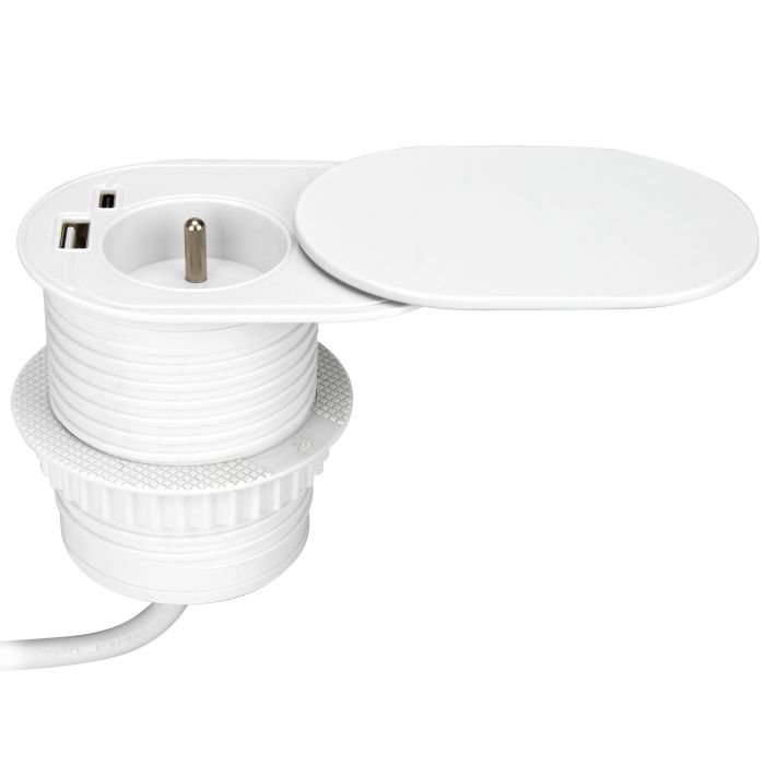 E-shop Zapustená zásuvka s posuvným vekom ORNO OR-GM-9042/W, 1x230V a 2xUSB (typ A+C; PD20W), 1,9m, biela OR-GM-9042/W