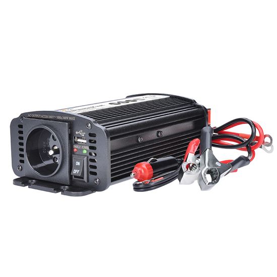 E-shop Solight invertor 12V, USB 500mA, kovový, čierny, max. zaťaženie: 300W