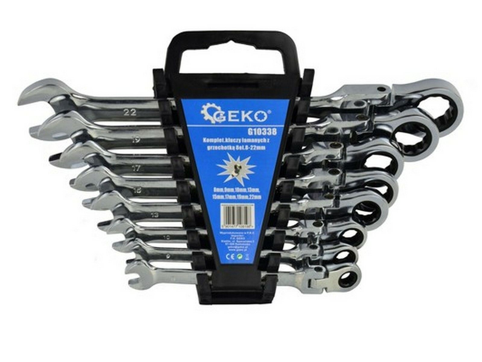 E-shop Klíče ráčnové očkoploché s kloubem, sada 8ks, 8-22 mm, plast. držák GEKO