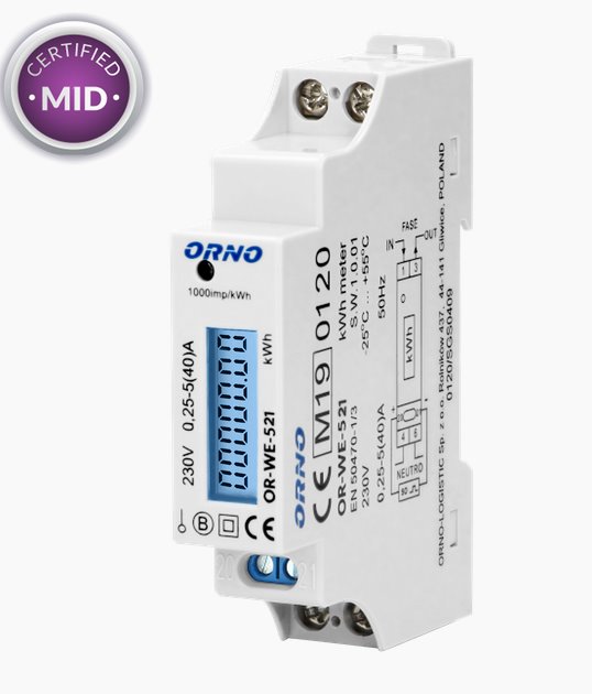 E-shop Elektromer digitálny na DIN lištu ORNO OR-WE-521, 40A, MID, jednofázový, DIN TH-35mm