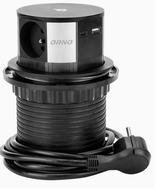 E-shop ORNO Zapustený blok zásuviek 3x2P+E s indukčnou a USB nabíjačkou, Qi 1.2.4 max.10W, 2xUSB QC 3.0, O10 cm, kábel 1.5m OR-GM-90171