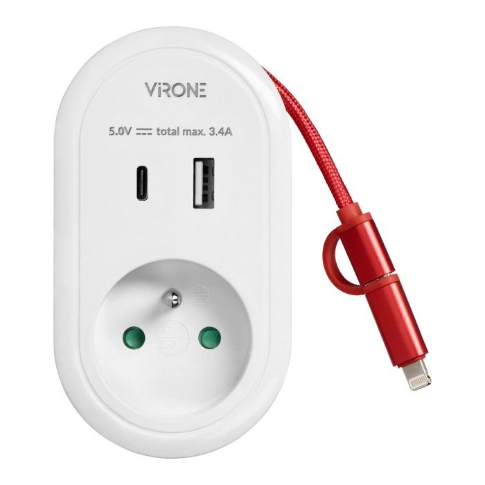 E-shop Adaptér ORNO VIRONE CS-2 230V s USB-C+A nabíjačkou a káblom USB-C + Lightning