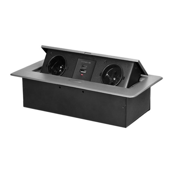 E-shop Výklopný blok zapustený ORNO OR-GM-9034/G, 2x 230V, 1x USB-A, 1x USB-C, strieborná
