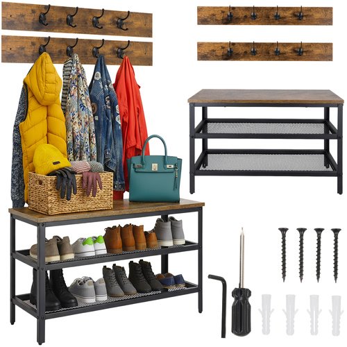 E-shop Botník s lavicou a vešiakom RUHHY 27037 73 cm, industriálny loft, hnedá doska