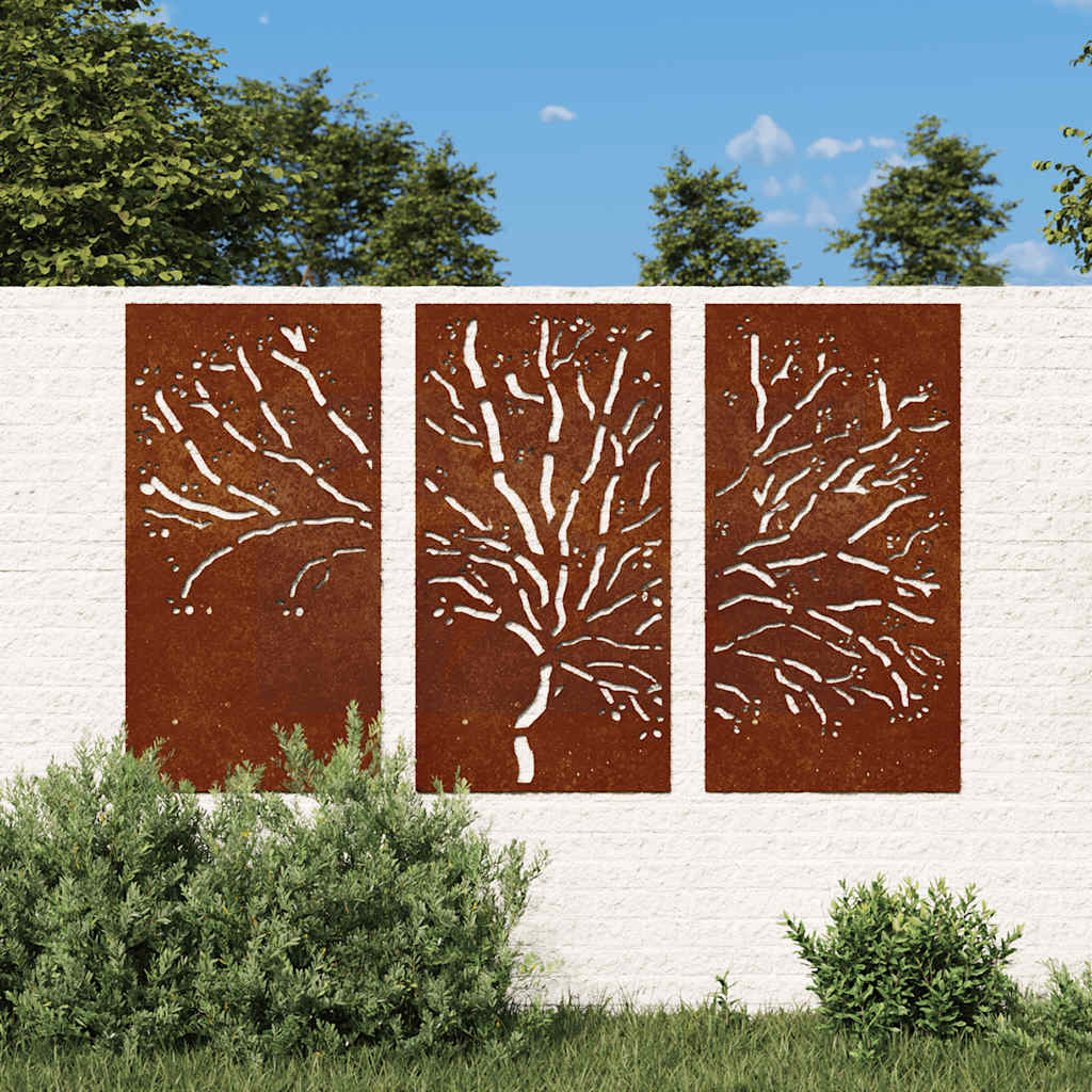 E-shop Multidom Záhradné nástenné dekorácie 3 ks 105x55 cm kortenová oceľ strom