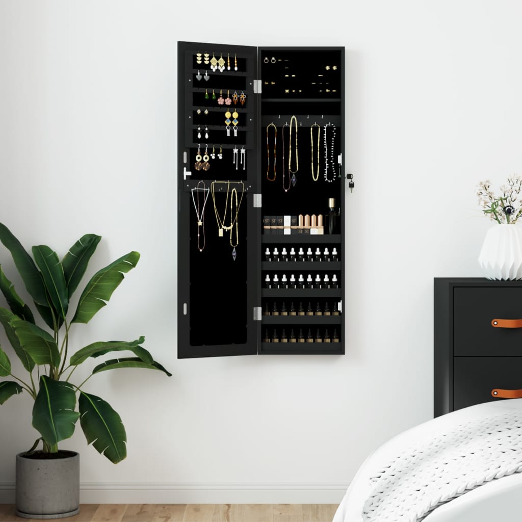 E-shop Multidom Zrkadlová skrinka na šperky nástenná čierna 30x8,5x106 cm