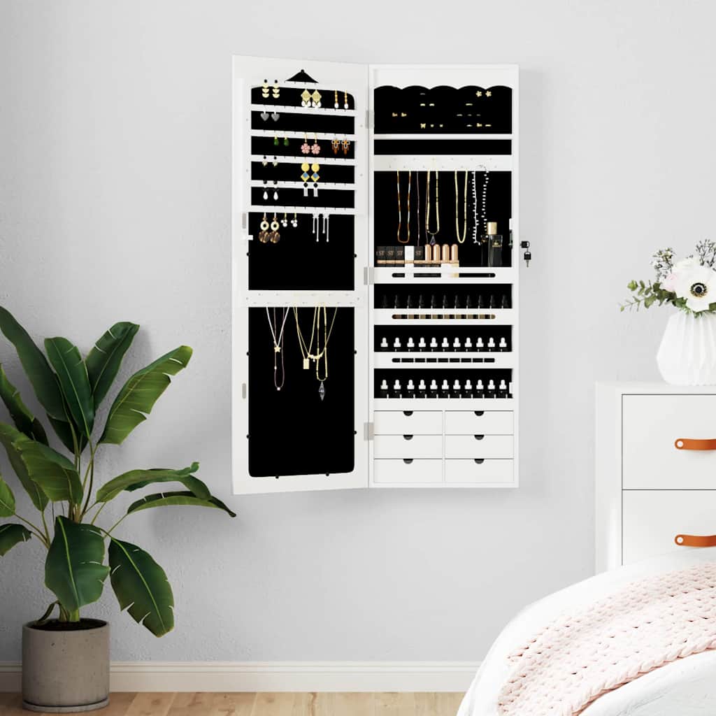 E-shop Multidom Zrkadlová skrinka na šperky nástenná biela 37,5x10x106 cm