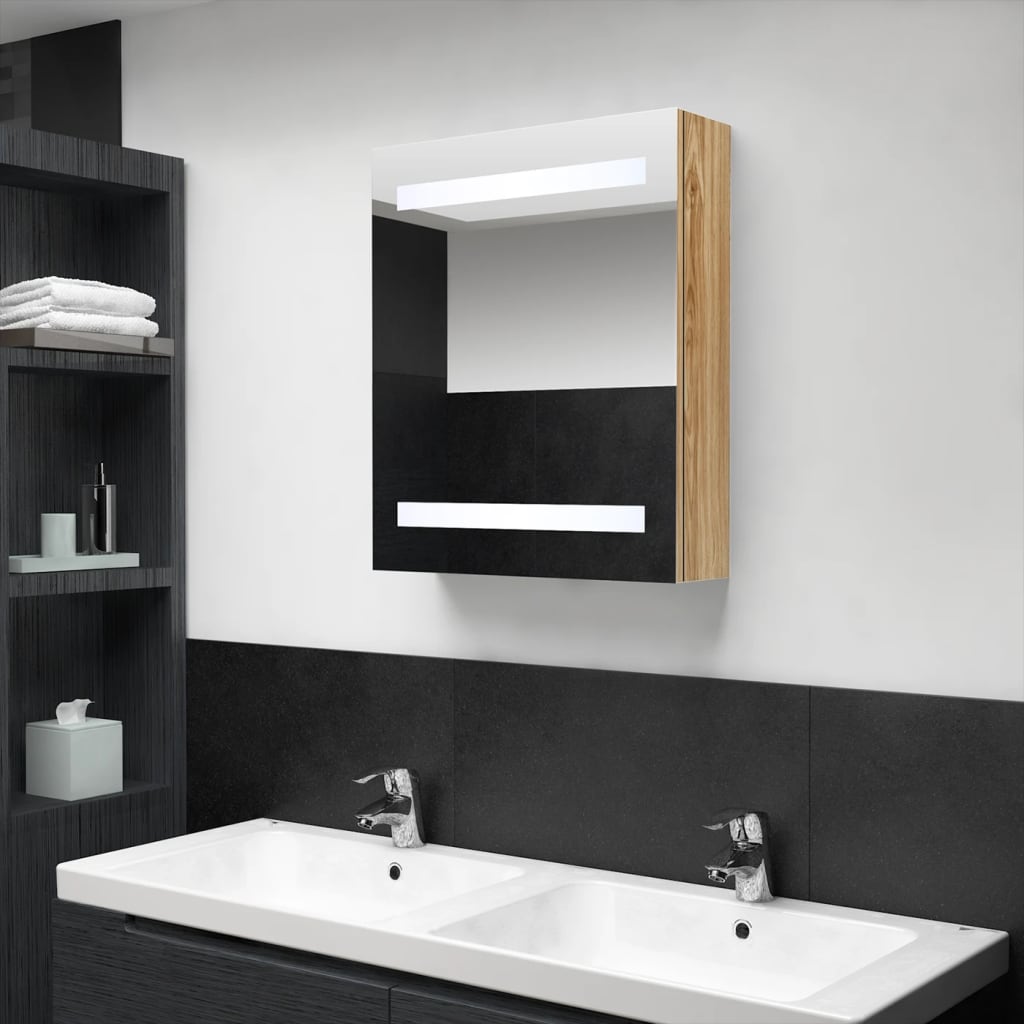 E-shop Multidom LED kúpeľňová zrkadlová skrinka dubová 50x14x60 cm