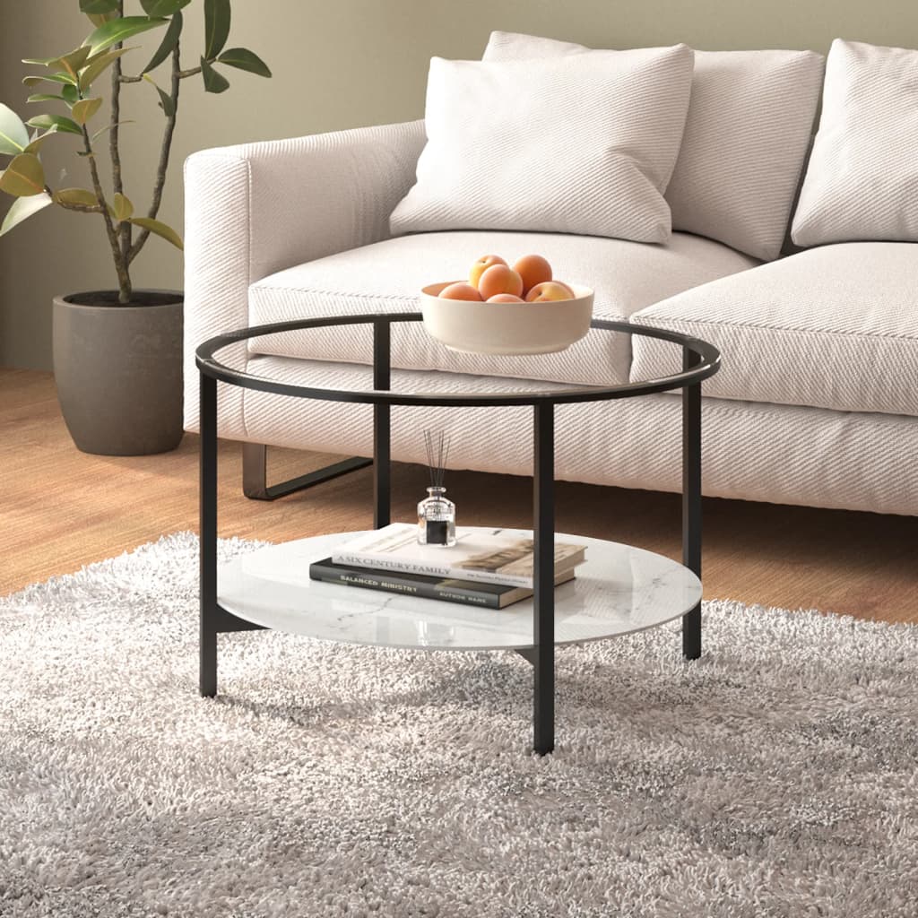 E-shop Multidom Čajový stolík čierny a biely mramor 70 cm tvrdené sklo