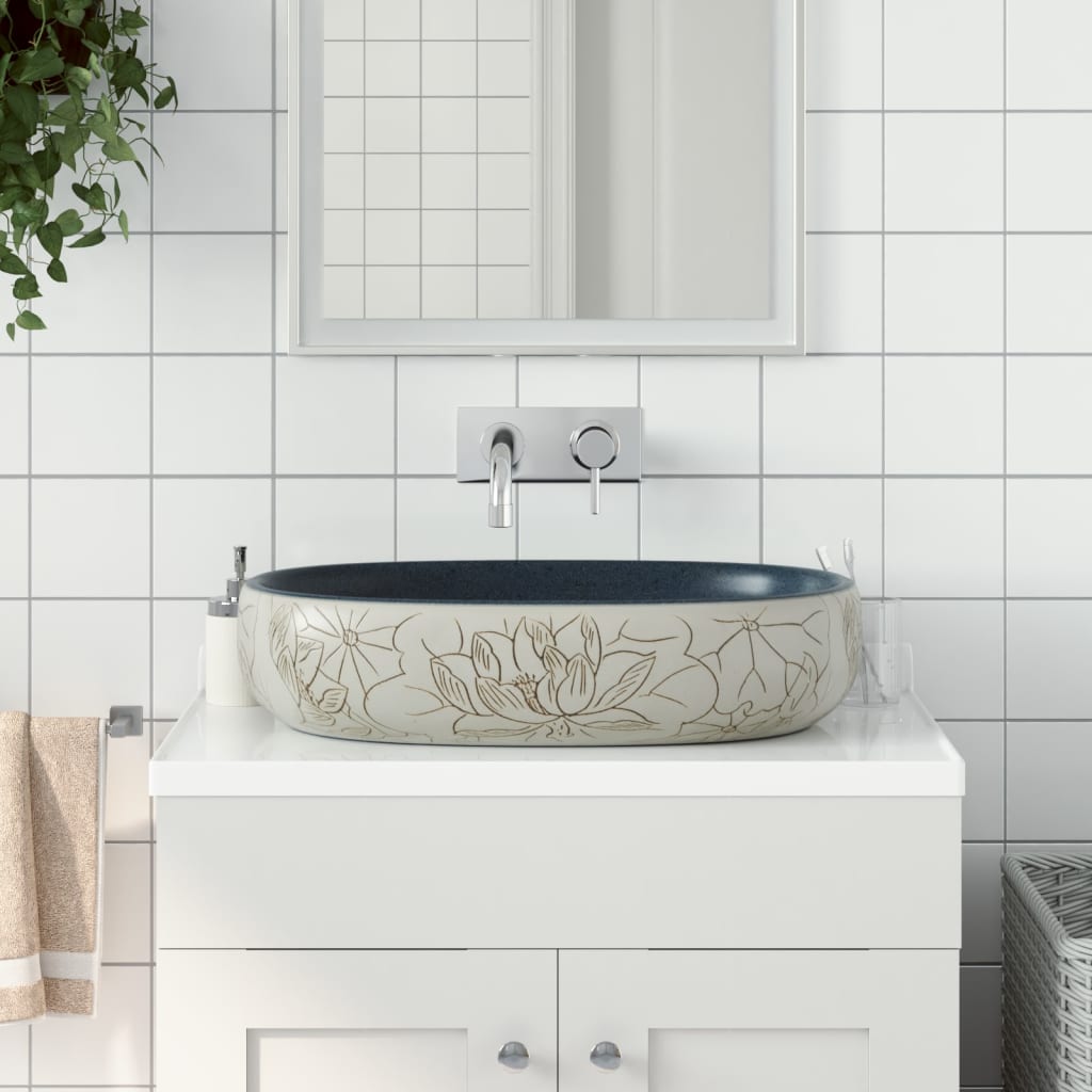 E-shop Multidom Umývadlo na dosku pieskové a modré oválne 59x40x14 cm keramické