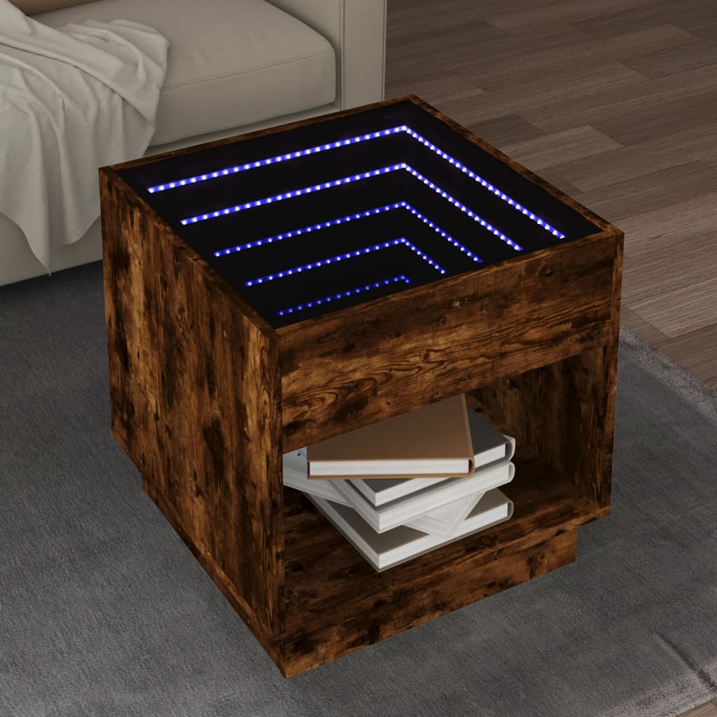 E-shop Multidom Konferenčný stolík s nekonečnými LED dymový dub 50x50x50 cm