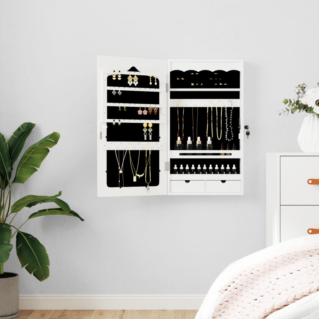 E-shop Multidom Zrkadlová skrinka na šperky nástenná biela 37,5x10x67 cm