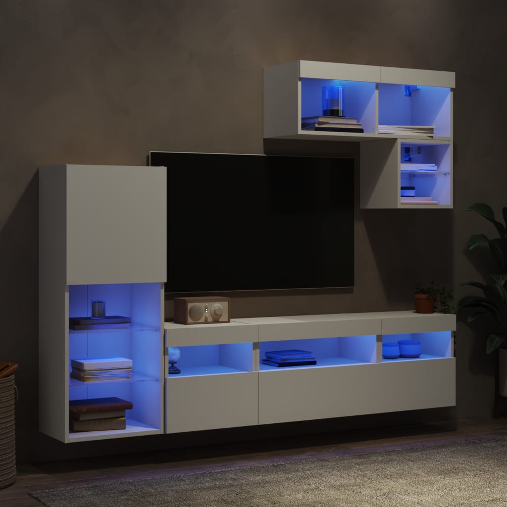 E-shop Multidom 6-dielne TV nástenné skrinky s LED biele kompozitné drevo
