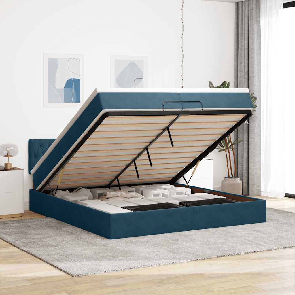 E-shop Multidom Osmanský rám postele s matracmi tmavomodrá 200x200 cm zamat