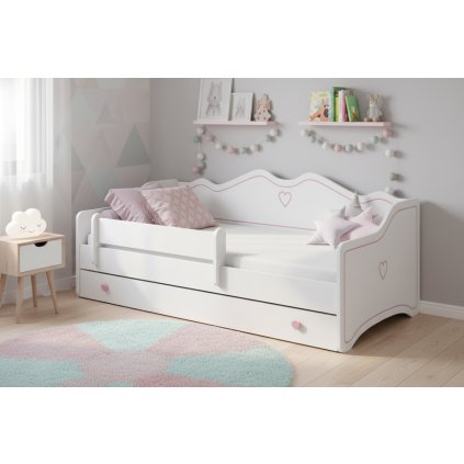 modern fehér kihúzható ágy fiókkal és rózsaszín szegéllyel a gyerekszobában