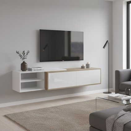 modern TV-állvány Sabrina II sonoma tölgyfa fehér fényes függesztékkel