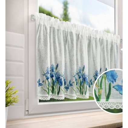 fehér függöny a konyhába kék virágokkal