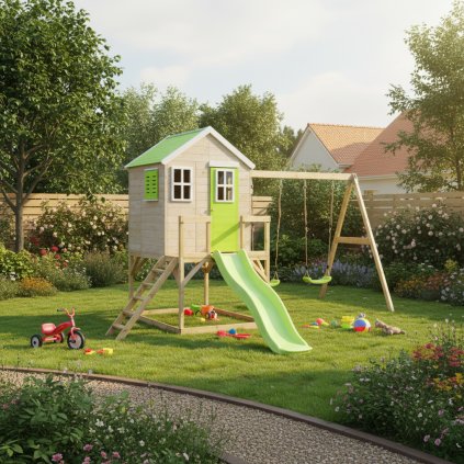 Gyermek kerti ház elrejti a lime élénk színeit a kertben