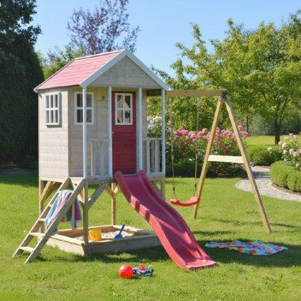 Gyerek kerti játszóház játszótérrel SPACE SW3 hintával és csúszdával a kertben