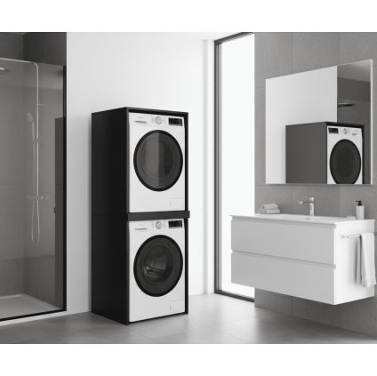 Praktikus fekete szekrény mosógépnek és szárítógépnek a fürdőszobában
