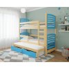 gyerek emeletes ágy 3 gyermeknek kék fenyőből