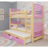 Emeletes ágyrács 3 gyereknek, rózsaszín fenyő