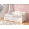 modern emka fiókos ágy, fehér, rózsaszín szegéllyel a gyerekszobában
