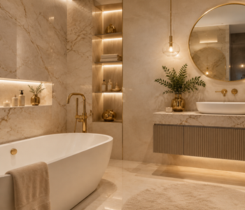 Baie modernă în tonuri de bej – cum să creezi un spațiu elegant și confortabil