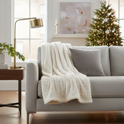 vianocna deka blink 3 kremova zlata 150 x 200 cm na gauci