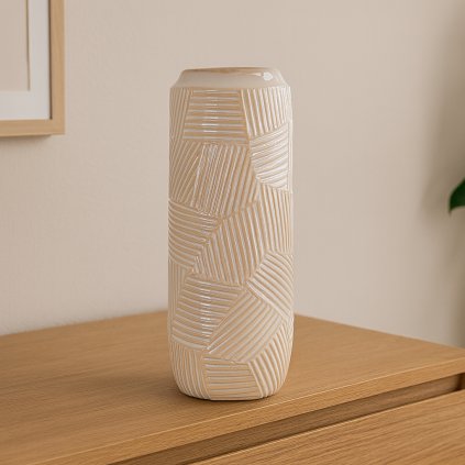 keramicka vaza romina 03 kremova 12 x 30 cm na komode