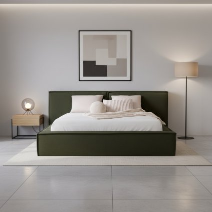 manzelska postel cosy zelena s vyklonym rostom v dizajnovej spalni