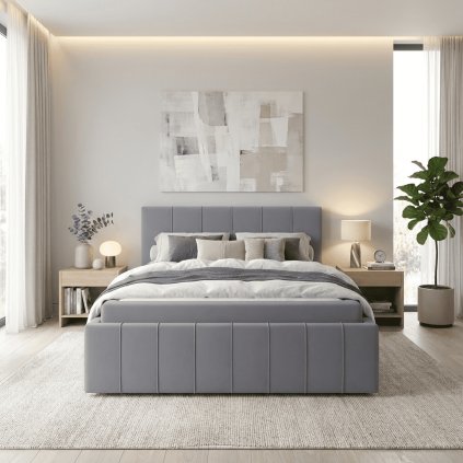 moderna manzelska postel monaco s vyklopnym rostom siva je celocalunena v spalni