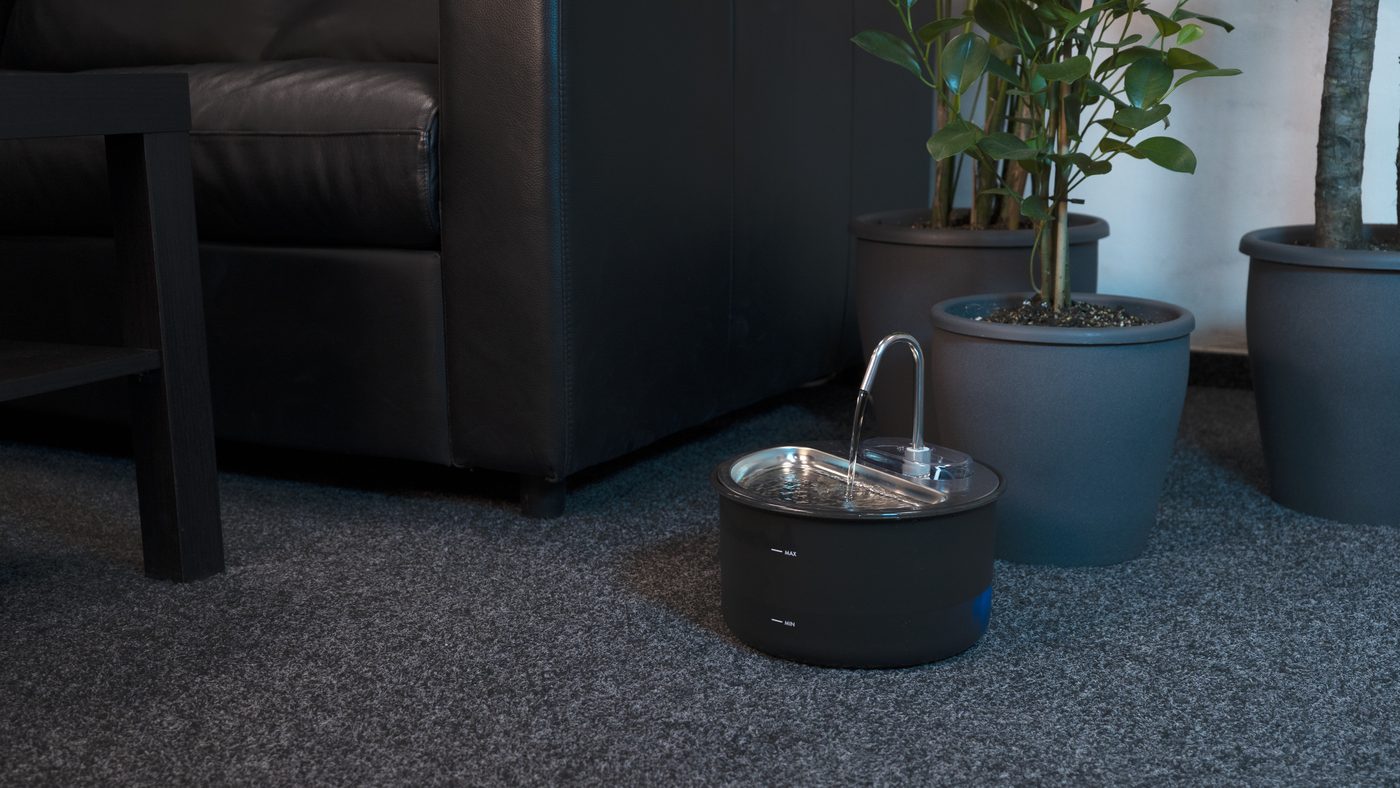 Smart Pet Fountain Myers PFN-A2 black on the floor of a modern living room
