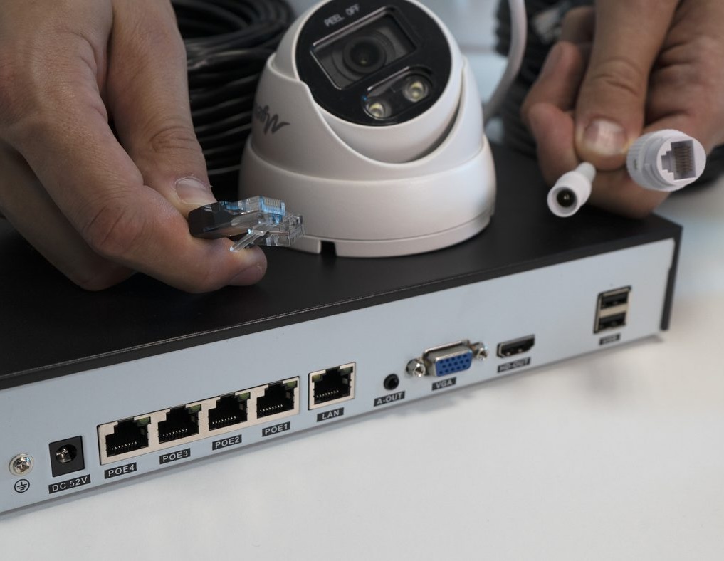 Close-up of the PoE connectors on the back of the Myers 4CH IP KIT video recorder