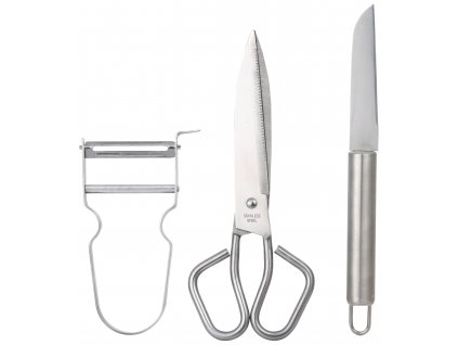3dílná sada kuchyňského náčiní Bergner / škrabka / nůžky / nůž na ovoce / nerezová ocel / stříbrná