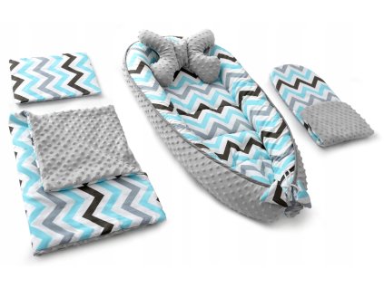 Hnízdečko s peřinkou pro miminko MINKY 5v1 90 x 50 cm - ZIGZAG modré