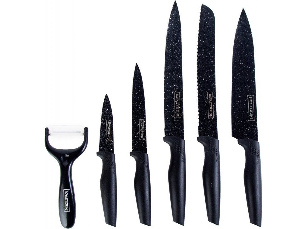 5-dielna súprava kuchynských nožov s nepriľnavým povrchom a škrabkou Royalty Line RL-MB5 / čierna