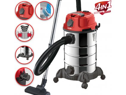 4v1 priemyselný vysávač DMS - 30l, 2300W, červený | mokré a suché vysávanie | dúchadlo | vysávanie horúceho popola | samočistenie | so zásuvkou