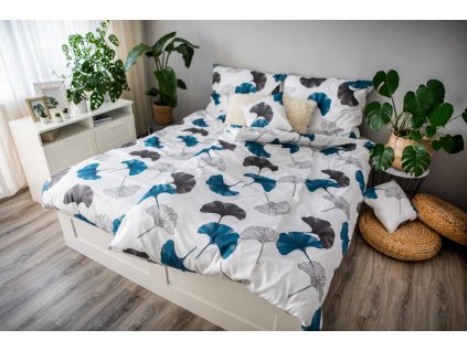 Povlečení 3dílné LP Saten EMA - Ginko / 70x90+140x200cm / bavlna + povlak na polštář 40x40cm