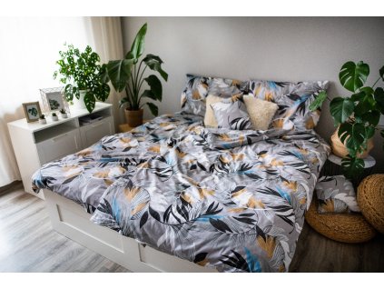 Povlečení 3dílné LP DITA - Silver leafs / 70x90 + 140x200cm/bavlna + povlak na polštář 40x40cm