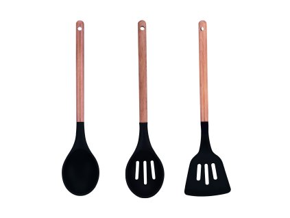 Set tří kusů kuchyňského náčiní Masterpro / servírovací lžíce / obracečka / lžíce s otvory na cezení / nylon, bukové dřevo