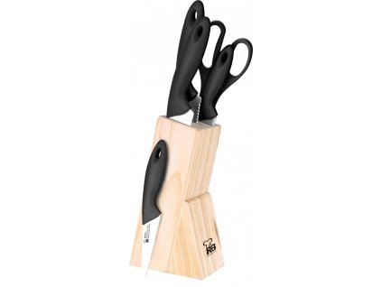Bergner 4-dielna sada nožov, 1x nožnice v drevenom bloku / 6ks / ergonomická rukoväť / nerezová oceľ