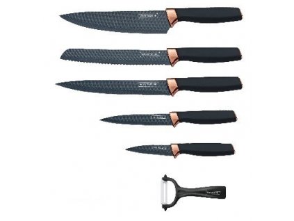 5-dielna súprava kuchynských nožov s nepriľnavým povrchom a škrabkou Royalty Line RL-DC5B / čierna/medená
