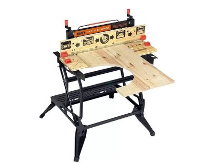 Skladací pracovný stôl Black+Decker WM825-XJ / mobilný / 74 x 25 cm / 2 pracovné výšky 62 cm, 80 cm / nosnosť 250 kg / čierna/hnedá