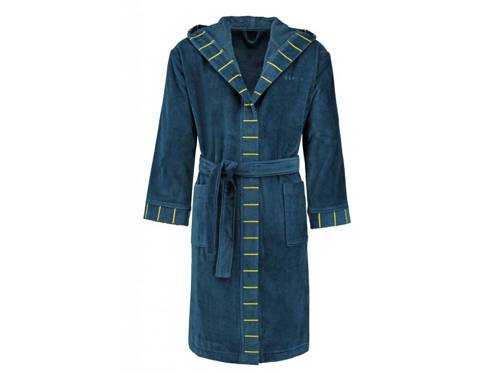 Pánský nebo dámský župan s kapsami a s kapucí, kabát po koupeli, 100% bavlněné froté - modrá barva, Esprit - L