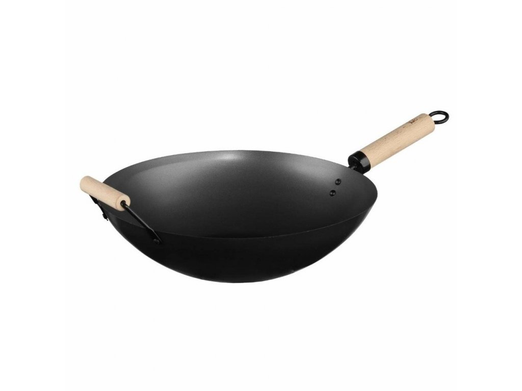 Ocelová wok s dřevěnou rukojetí, 35 x 9 cm-EMAKO.cz